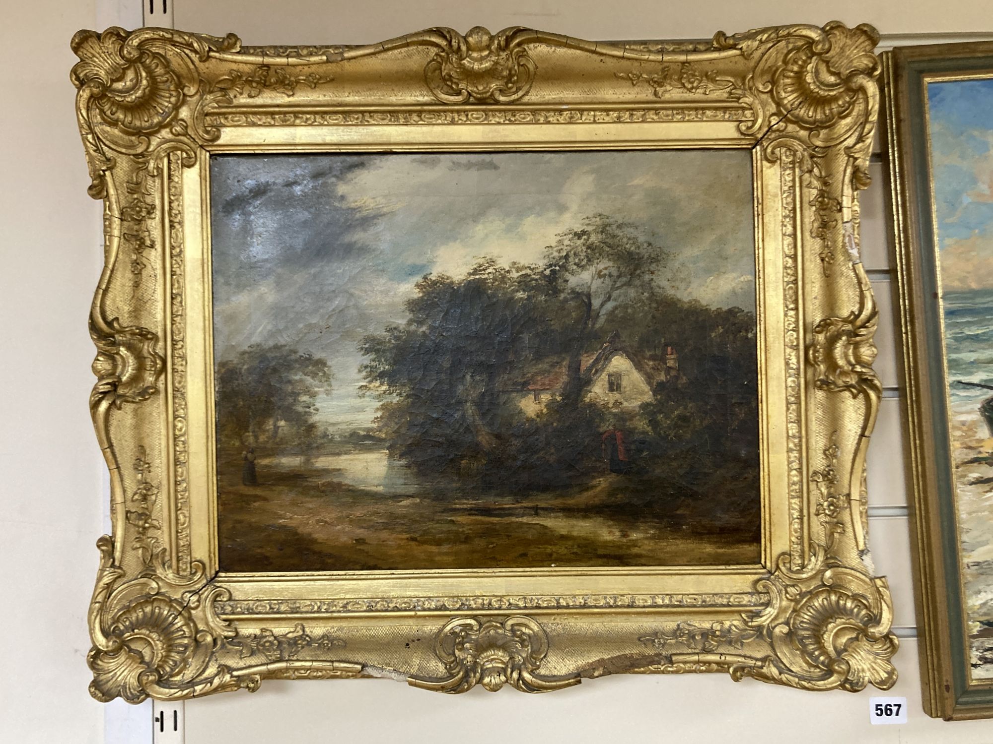 Norwich School, oil on canvas, Landscape with figures passing a cottage, 34 x 44cm